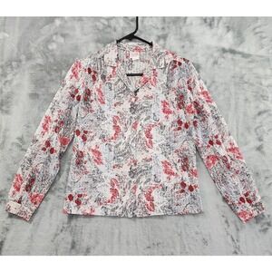 Vintage Graff Top Womens S Red‎ Gray Floral Long Sleeve Button Front 70s Grandma